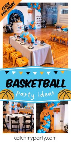 a basketball themed party with blue and orange balloons