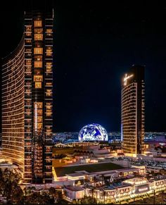 an aerial view of the city at night