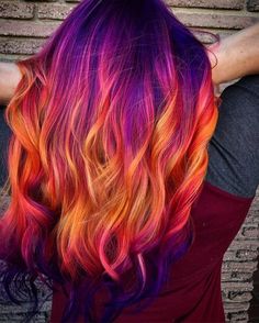 Purple Halloween Hair, Red Purple And Blonde Hair, Sunset Hair Color Peek A Boo, Short Fun Colored Hair, Fire Colored Hair, Bright Summer Hair Color, Fire Hair Color Short, Phoenix Hair Color, Danger Jones Hair Color