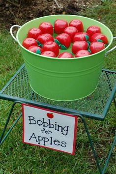 a green bucket filled with red apples sitting on top of a grass covered field next to a sign