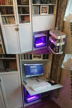 there is a computer on the desk with purple lights in front of bookshelves