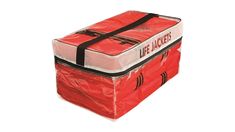 a red and white cooler bag with the words life alert on it's side