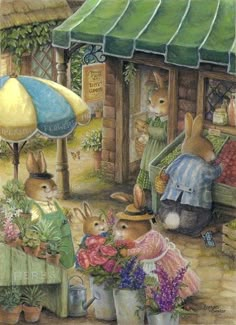 a painting of some people and rabbits in front of a store with flowers on the sidewalk