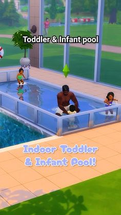 an in - game screenshot of a pool with kids and adults playing around it