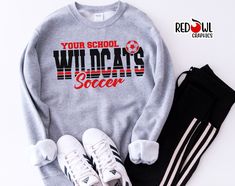 Personalized Wildcat School Spirit T-Shirt Crewneck, Hoodie Hooded Sweatshirt Football, Baseball, Basketball, Softball, Track, Volleyball, Cross Country, Cheer, Wrestling, Soccer Not all colors are available in all sizes and styles.  Please check the color and size charts in photos. We do our best to accurately represent shirt colors by using actual photos but do understand that all monitors will display differently. Please contact us prior to purchase with any questions on sizing or colors. Your purchase includes a custom imprint created specifically for your team! A product proof will be emailed to you within 1 business day.  Please keep an eye on your Etsy messages and reply with any changes within 24 hours. Your order will be sent to production after that time if no response is receive Soccer Team Shirts Design, Soccer Spirit Wear, High School Soccer Shirts, Soccer Sweatpants, Soccer Clothes, Soccer Sweatshirt, Represent Shirt, High School Soccer, Volleyball Shirts