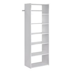 a white bookcase with four shelves on the bottom and one shelf above it, in front of a white background