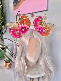 🧡 Stunning, unique layered pink and orange halo crown, with butterflies, flowers and jewels.  On a super comfortable headband 🧡 Pink Crown-shaped Headband For Party, Whimsical Pink Headpiece With Handmade Flowers, Whimsical Pink Headband With Handmade Flowers, Adjustable Pink Headpiece With Handmade Flowers, Whimsical Adjustable Pink Crown, Pink Adjustable Headpieces With Handmade Flowers, Whimsical Pink Hair Accessories With Handmade Flowers, Pink Party Headpiece With Flower Decoration, Adjustable Pink Crown With Round Shape