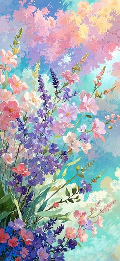 a painting of colorful flowers on a blue and pink sky with clouds in the background