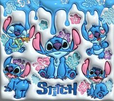 the stitch characters are painted in blue and have pink flowers on their heads, while they appear to be melting