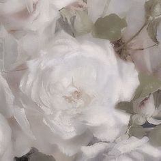 a painting of white roses with green leaves