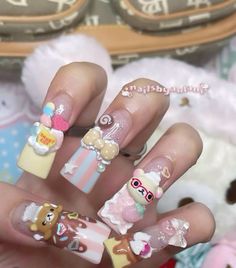 Cute Kawaii Nails, Rilakkuma Nails, Kawaii Nail Art, Junk Nails, Duck Nails, Cute Acrylic Nail Designs, Soft Nails