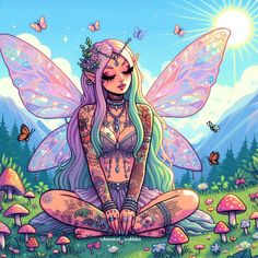 a painting of a fairy sitting on the ground in front of mushrooms with butterflies around her