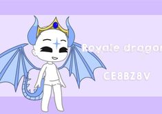 a white dragon with blue wings and a crown on it's head, standing in front of a purple background