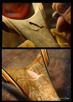 two pictures showing the process of carving an animal's tail with a sharp tip