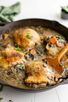 chicken and mushroom stew in a cast iron skillet