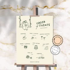 an easel with a poster on it that says order events and other things to do