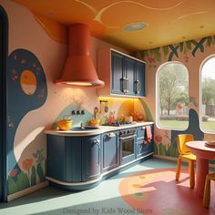 the kitchen is decorated in bright colors and has an interesting mural on the wall behind it