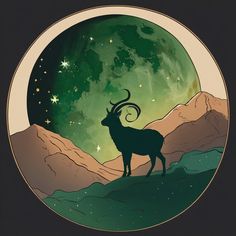 an animal standing on top of a mountain under a sky filled with stars and the moon