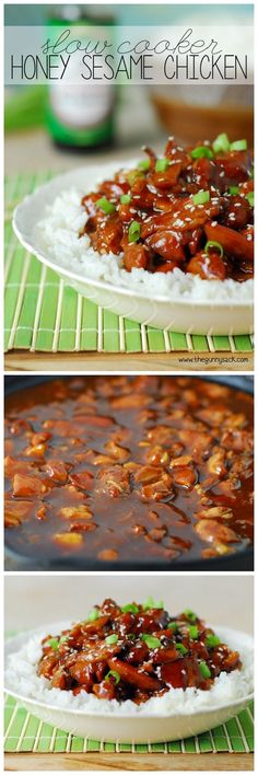 three different pictures of food on top of each other, including rice and meat in sauce