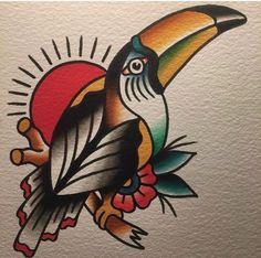 a drawing of a toucan bird with sunburst on it's head