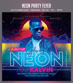 neon party flyer template with dj kalvin on the front and back cover for an event