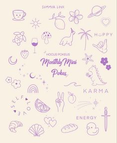 the back side of a poster with many different things in purple ink on white paper