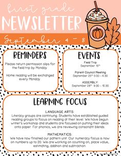 an orange and black poster with the words, first grade news letter for elementary students