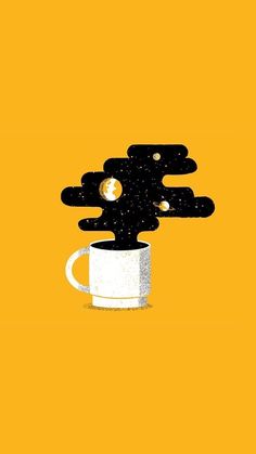 a coffee cup with black clouds coming out of it on an orange and yellow background