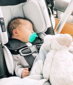 a baby sleeping in a car seat with a stuffed animal next to it's side