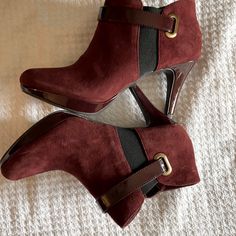 Burgundy Suede Look With Patent Look Strap. 3 Inch Heel With Goldstone Hardware M, Inside Zip. New With Box, Never Worn. 3 Inch Heels, Shoes Heels Boots, Shoes Women Heels, Heeled Boots, Shoes Heels, Size 6, Women Shoes, Boots, Heels