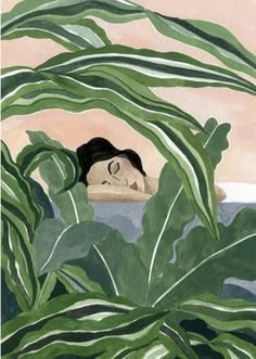 a painting of a woman laying down in the water surrounded by green plants and leaves