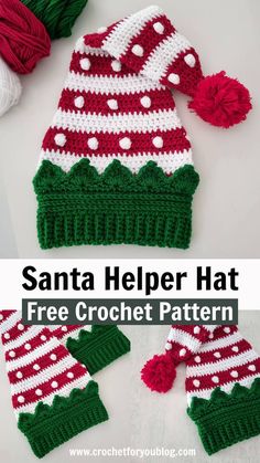 crocheted santa helper hat and mittens with text overlay that says, free crochet pattern