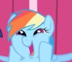 an animated image of a rainbow dash with its tongue out and eyes wide open, standing in front of a pink background