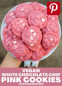 vegan white chocolate chip pink cookies on a plate