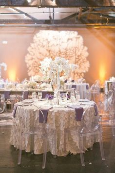 the table is set up for a wedding reception