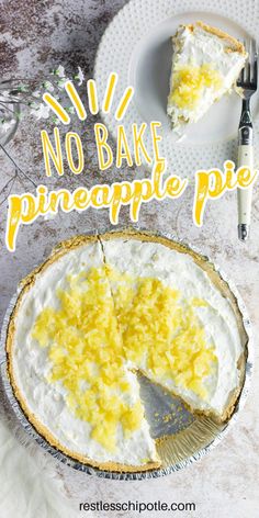 no bake pineapple pie on a white plate with a slice missing from it