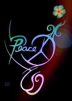 the peace sign is lit up with flowers on it's side and in front of a black background