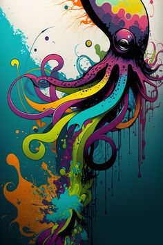 an octopus with colorful paint splatters on it's body