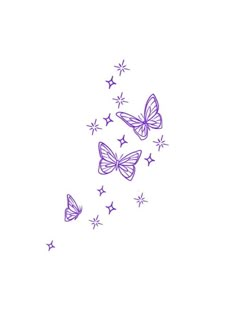 three purple butterflies flying through the air with stars coming out of their wings on a white background