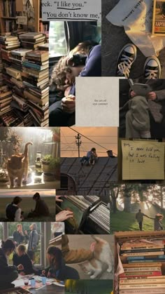 a collage of photos with people and animals in them, including an image of books