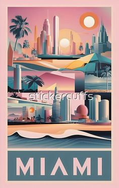 a poster with the word miami in front of a cityscape and palm trees