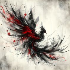 an artistic painting of a bird with red and black feathers on it's wings