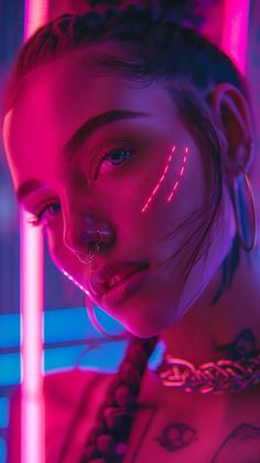 a woman with neon lights on her face and neck is looking at the camera while she stands