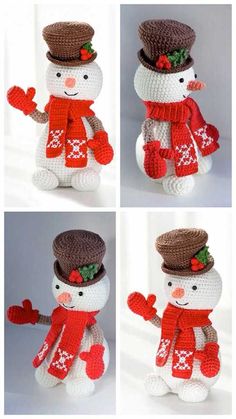 crocheted snowman with hat and scarf in four different stages to make it look like he is wearing a top hat