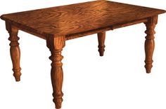 a wooden table with two turned legs and a square shaped top on an isolated white background