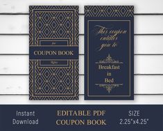 two book covers with the words, coupon and breakfast in bed on them are next to each other