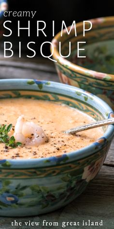 there is a bowl of soup with shrimp in it and the title reads, creamy fishrimp bisque