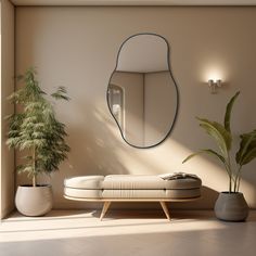 a living room with a couch, mirror and potted plant on the floor in front of it