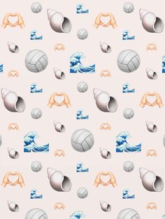 a wallpaper with volleyballs and waves in the background on a light pink surface