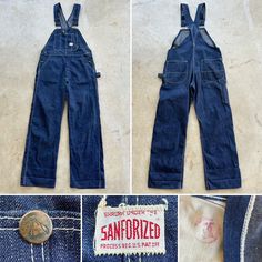 "For your consideration Original vintage 1950s era men's denim bib overalls SHRUNK UNDER THE SANFORIZED PROCESS REG U.S. PATENT OFF. 100% cotton Made in USA Stamped on inside Maybe a wash or two .. minimal fading .. minimal soiling .. no holes .. still dark in color .. loose threading along hammer pocket .. unrolled creasing at leg openings .. looks like this was purchased from the local hardware store back in the day Two waist pockets Two back pockets Two button waist closure Adjustable shoulde Vintage Dark Wash Cotton Denim Jumpsuit, Vintage Medium Wash Denim Jumpsuit For Work, Vintage Denim Blue Overalls With Pockets, Vintage Bib Front Shortalls With Pockets, Vintage Denim Blue Overalls, Vintage Dark Wash Overalls, Vintage Denim Bib Front Shortalls, Vintage Dark Wash Bib Front Overalls, Vintage Denim Blue Bib Front Overalls